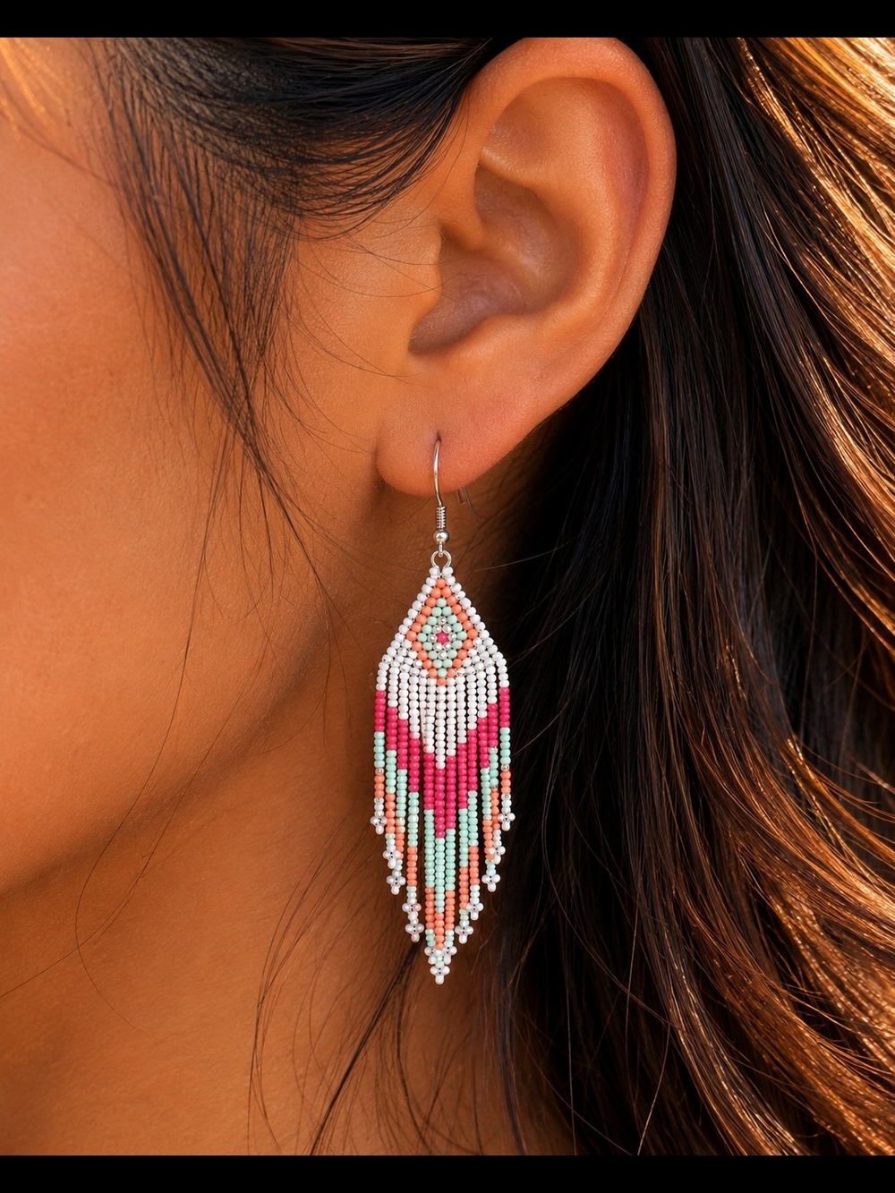 Handmade Pink & Mint Beaded Fringe Drop Earrings Indigenous Boho Western New
